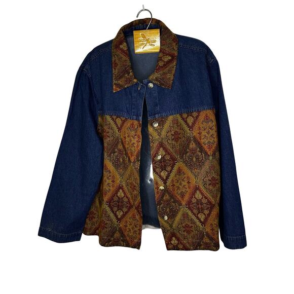 Vtg Y2K robyn Denim Floral Tapestry Button Up Collared Shirt Jacket XL - Picture 1 of 7